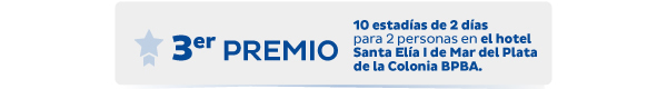 3er Premio: 10 estadías de 2 días para 2 personas en el hotel Santa Elía I de Mar del Plata de la Colonia BPBA.