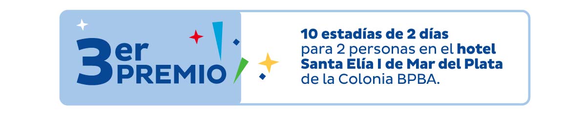 3er premio - 10 estadías de 2 días para 2 personas en el hotel Santa Elía I de Mar del Plata de la Colonia BPBA