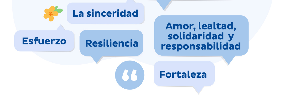 La sinceridad * Esfuerzo * Resiliencia * Amor, lealtad, solidaridad y responsabilidad * Fortaleza