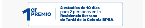 1er PREMIO | 2 estadías de 10 días para 2 personas en la Residencia Serrana de Tanti de la Colonia BPBA
